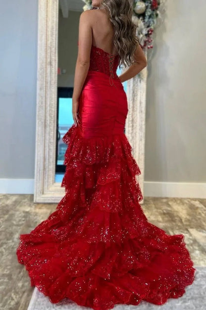 Red Strapless V-Neck Mermaid Pleated Layered Long Prom Dress With Slit