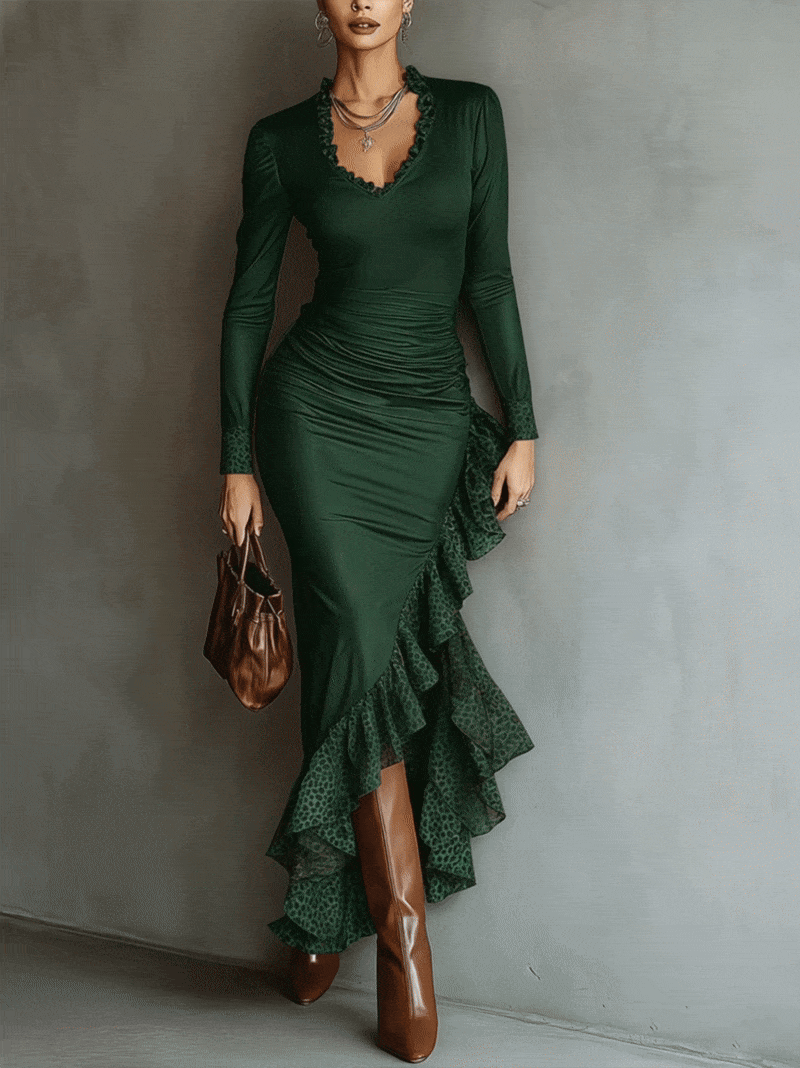 Green Long Sleeve Ruched Bodycon Dress With Ruffled Leopard Hem