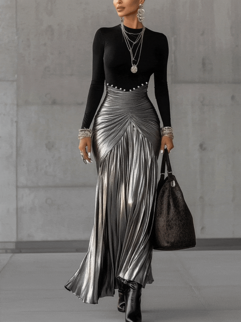 Black Round Neck Metallic Silver Pleated Maxi Dress Liymc Black Round Neck Metallic Silver Pleated Maxi Dress Liymc