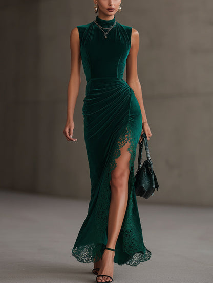 Green Velvet Lace-Trim High-Slit Maxi Dress