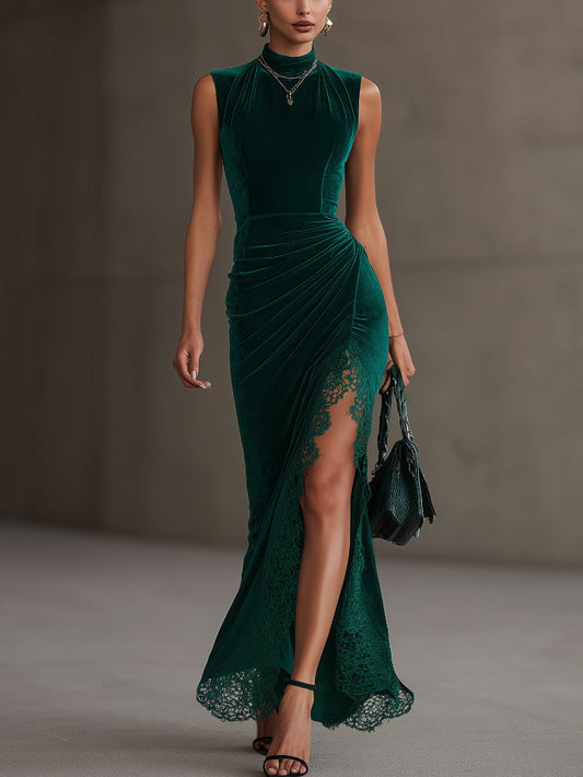 Green Velvet Lace-Trim High-Slit Maxi Dress