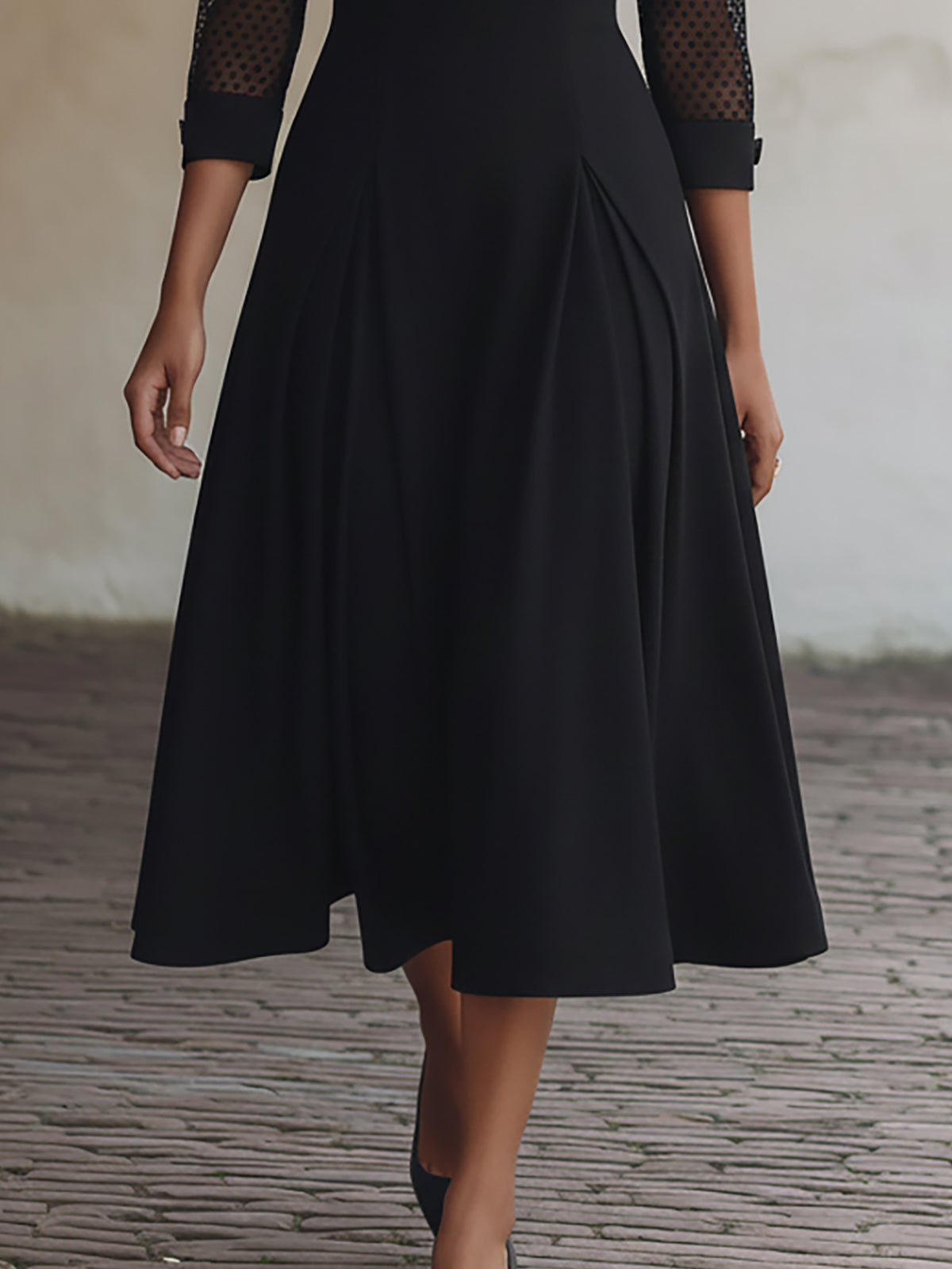 Elegant Black A-Line Dress With Polka Dot Mesh Sleeves