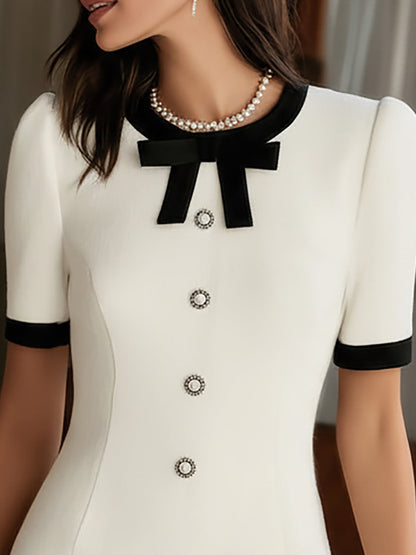 Chic Cream White Short Sleeve Dress With Black Trim