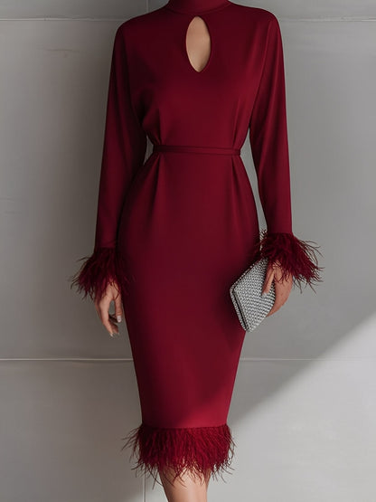 Women's Burgundy Glamorous Crepe Keyhole - Neck Feather - Trimmed Midi Dress