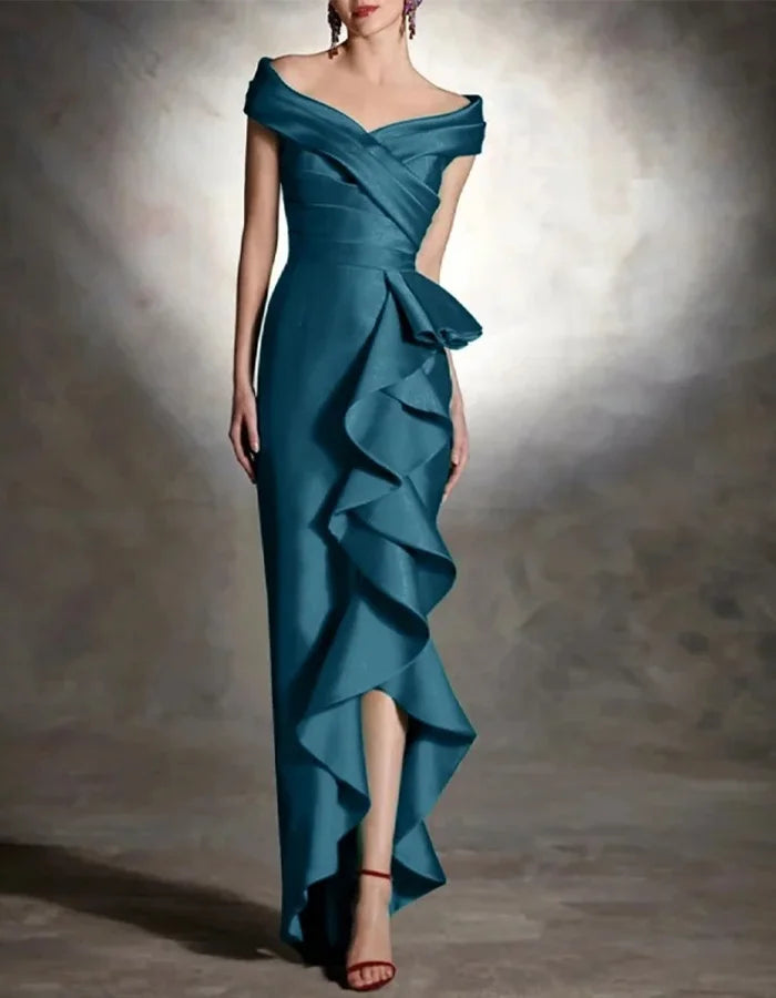 Elegant Teal Satin Gown with Off-Shoulder Neckline and Cascading Ruffle