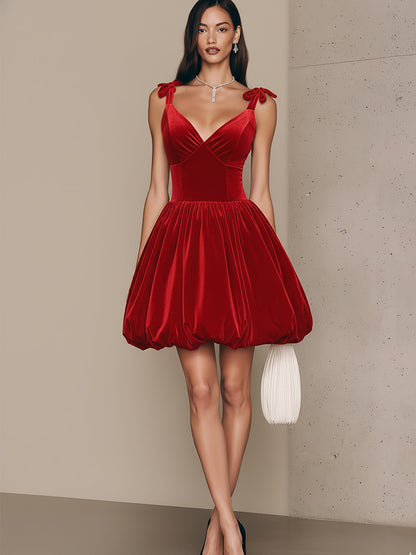 Chic Red Velvet Spaghetti Strap Puff Dress