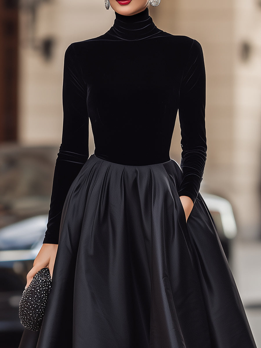 Elegant Black Velvet And Satin Midi Dress