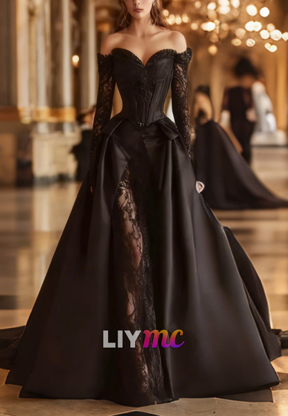 Sweetheart Black Long Sleeves Appliques A-Line Evening Dress