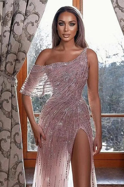 Elegant One Shoulder Mermaid Sequins Long Evening Dress With Split
