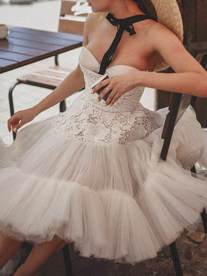 Elegant Bandeau Embroidered Backless See-Through A-Line Wedding Mini Dress