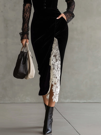 Black Velvet Midi Dress With Lace Sleeves And Contrasting Slit Detail