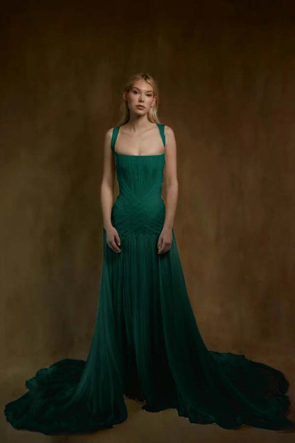Simple ChiffonSquare Neck Sleeveless Long Prom Dress With Pleated And Train