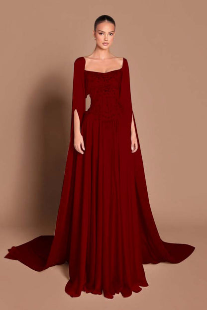 Square Neck Long Sleeves Long Prom Dress With Rhinstone And Pearl Beadings