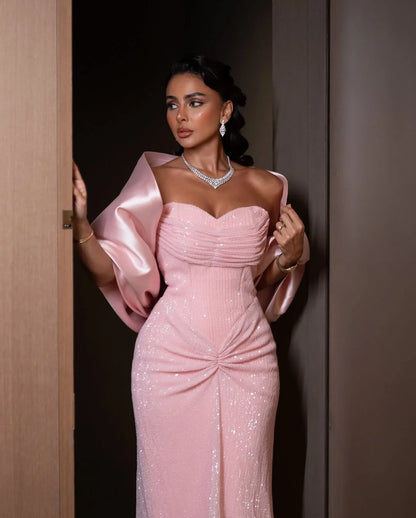 Gorgeous Pink Sweetheart Strapless Pleated Prom Dress With Shawl