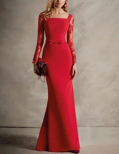 Elegant Red Evening Gown – Square Neckline with Lace Sleeves & Fitted Silhouette