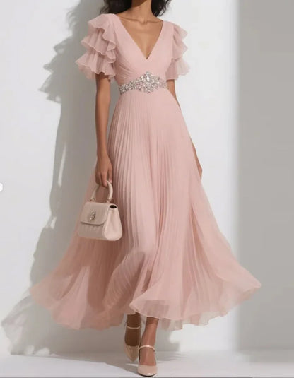 Chiffon Solid Color Lotus Leaf Sleeves Midi Dress