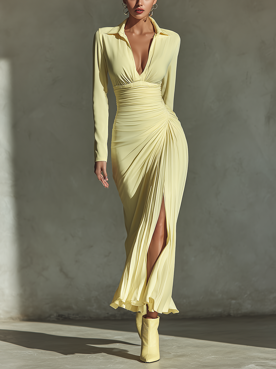 Women's Pale Yellow Smooth Fabric Plunging Neck Ruched Maxi Dress With Slit