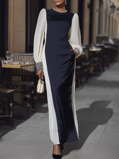 Cream And Navy Satin Color Block Long Sleeve Dress