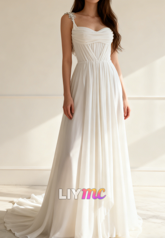 Sweetheart Straps Appliques Flowy A-Line Beach Wedding Dress