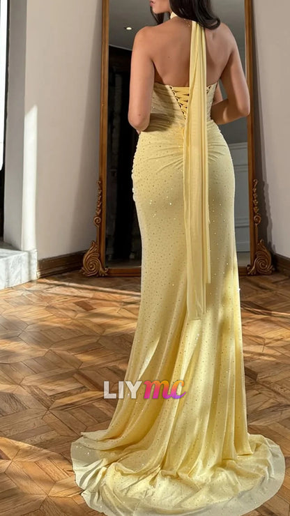 Glamorous Daffodil Straiht Across Pleated Sleeveless Split Prom Dress With Scarf