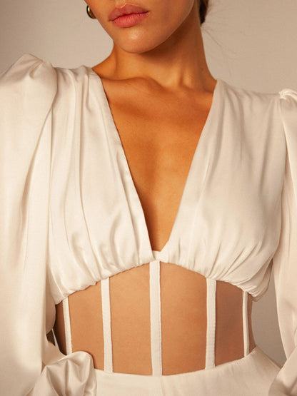 Simple V-Neck Puff Sleeve Belly-Hollow Backless Wide Leg Jumpsuits