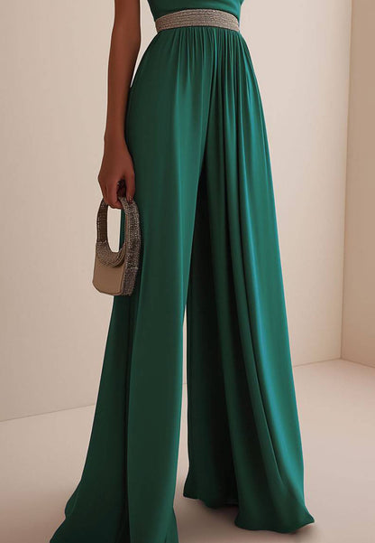 Emerald Green Party Work High-Neck Sleeveless Jumpsuit