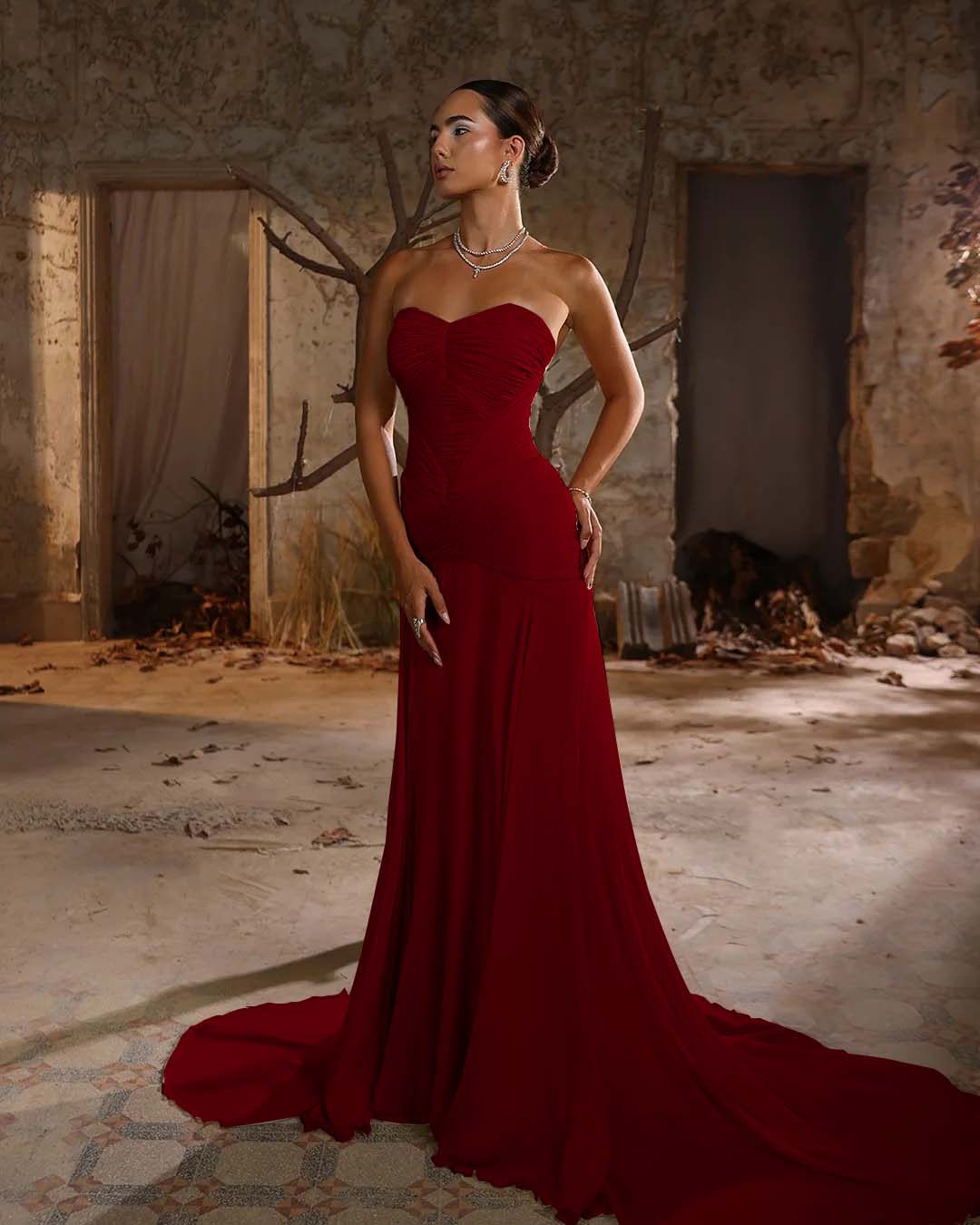 Simple Chiffon Strapless Sleeveless Pleated Long Prom Dress With Pleated