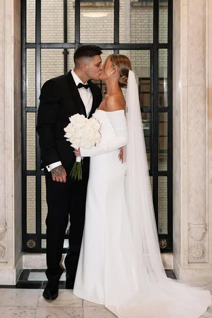 Charming Elegant Mermaid Strapless Elastic Satin Wedding Dresses with Sleeves