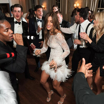 Long Sleeves Boho Mini Wedding Party Dress Simple Illusion Boat Neck Open Back Above Knee