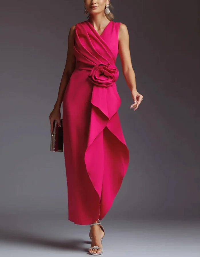 Sophisticated Satin Midi Dress with Draped Bodice and Floral Waist