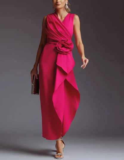 Sophisticated Satin Midi Dress with Draped Bodice and Floral Waist