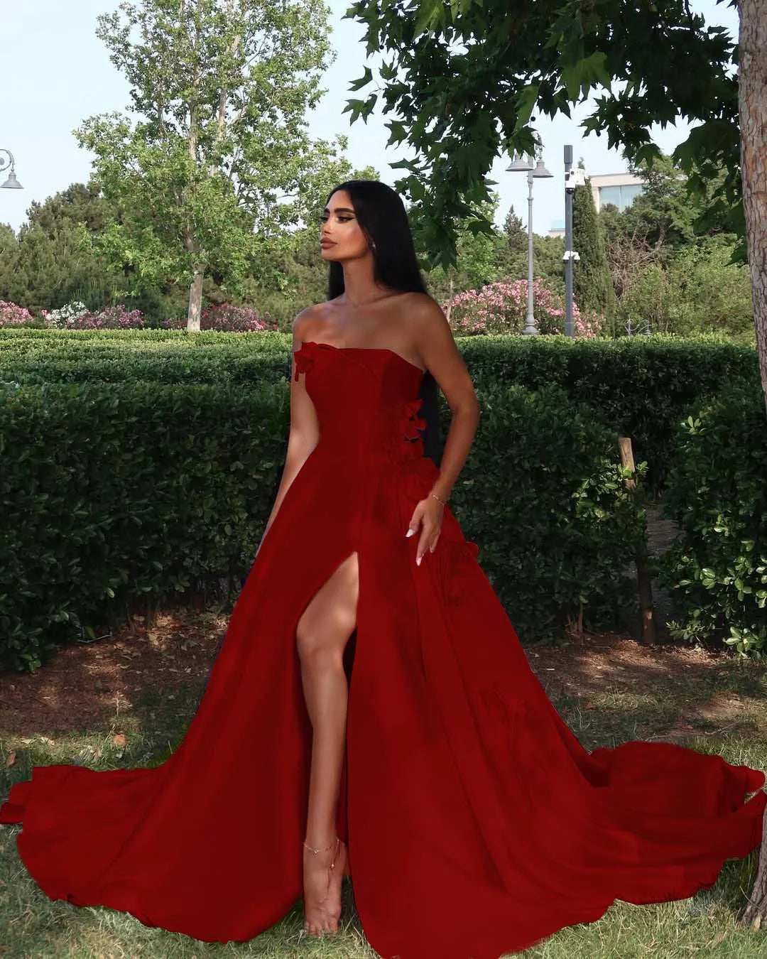 Elegant Straight Across Pink Split Sleeveless Handmade Flower Prom Dress YK0162