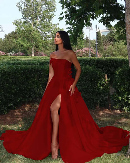 Elegant Straight Across Pink Split Sleeveless Handmade Flower Prom Dress YK0162