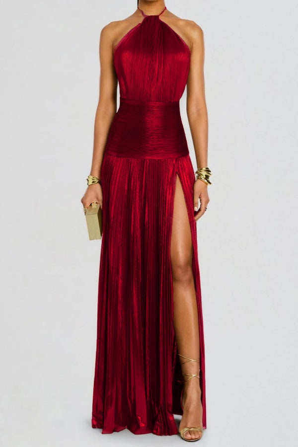 Charming Green Halter Sleeveless Backless Split Prom Dress with Pleated
