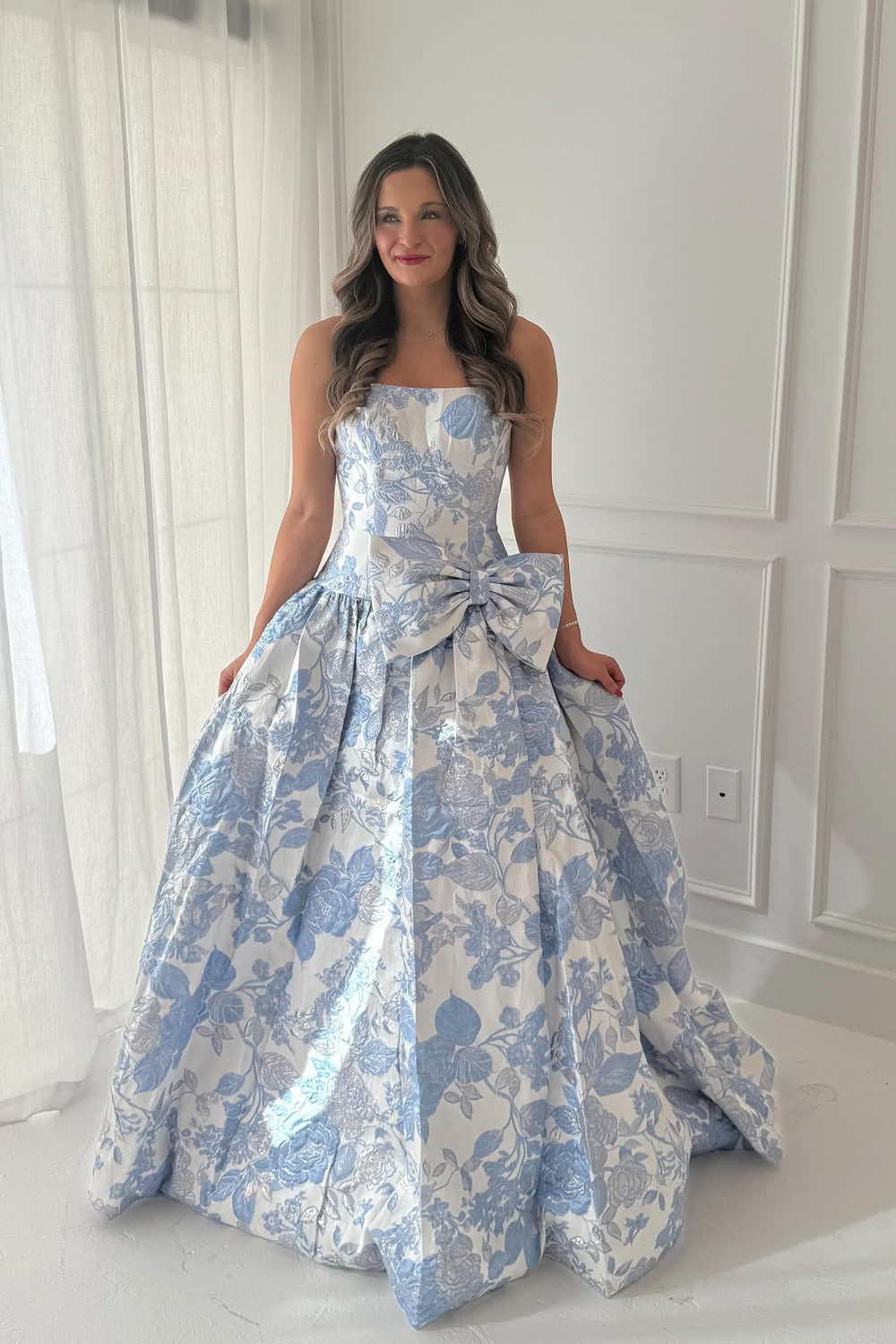 A Line Strapless Jacquard Satin Prom Dress with Bow VK111004