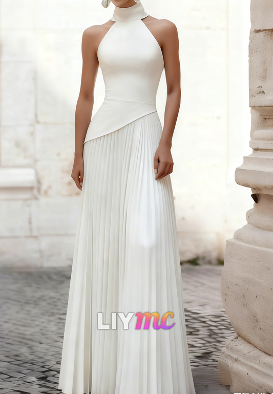 Halter Sleeveless Pleated A-Line Evening Dress