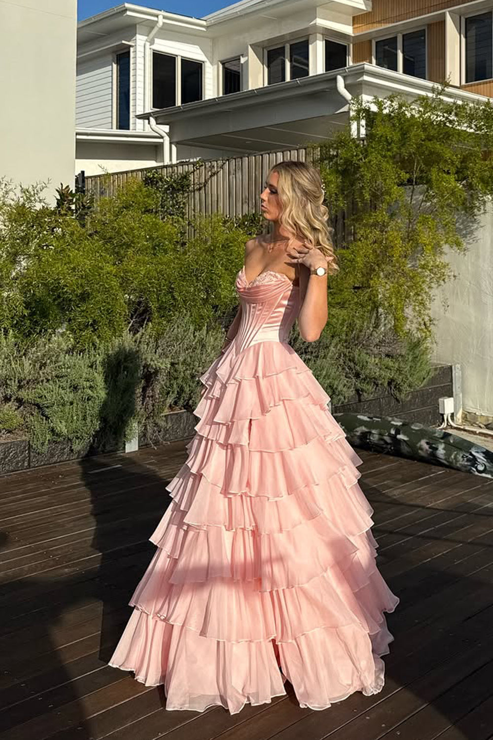Cute A Line Sweetheart Blush Pink Tiered Chiffon Prom Dresses with Slit