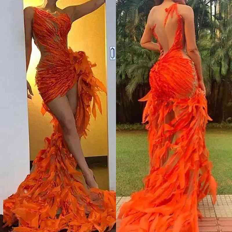 Charming Mermaid Orange Sleeveless Prom Dress Hi-Lo With Ruffles