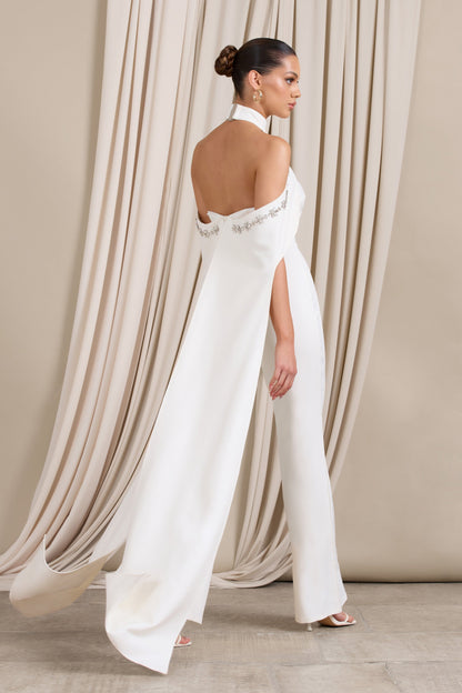 White High Neck Jumpsuit with Cold Shoulder Cape Sleeves