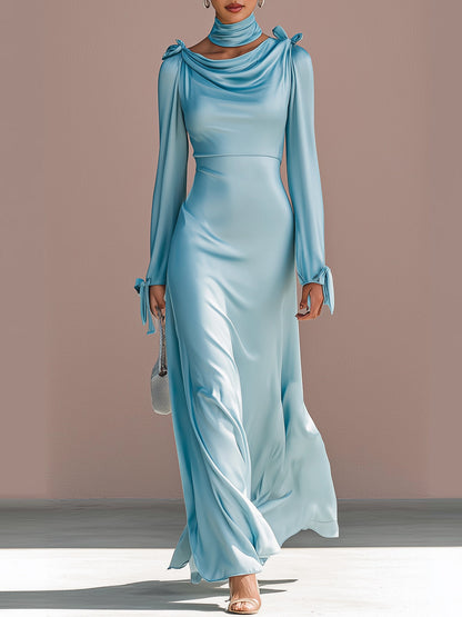 Ice Blue Satin Collar And Flowing Ribbon Long Dress