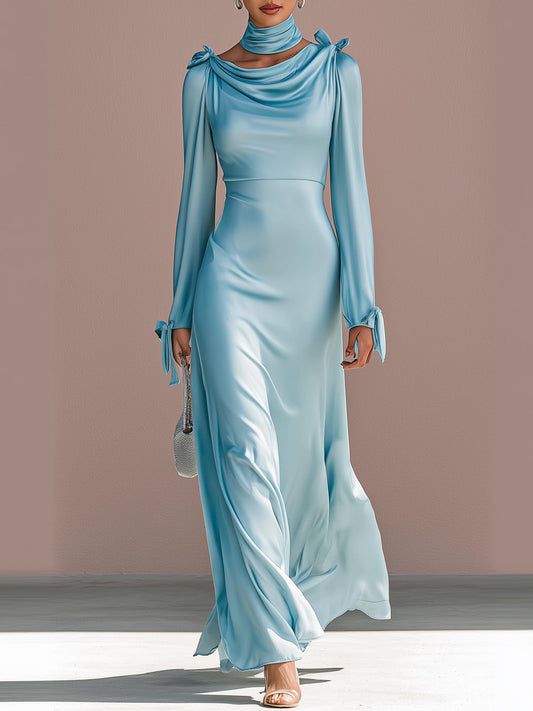 Ice Blue Satin Collar And Flowing Ribbon Long Dress