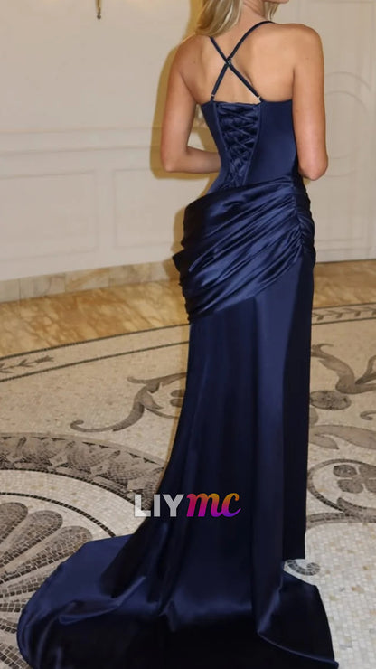 Minimalist Royal Blue Spaghetti-Straps Sleeveless Pleated Mermiad Prom Dress