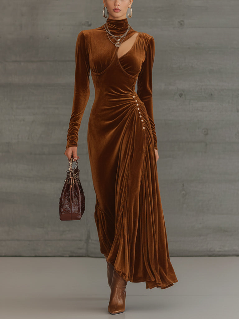 Caramel Velvet Maxi Dress With Button Details
