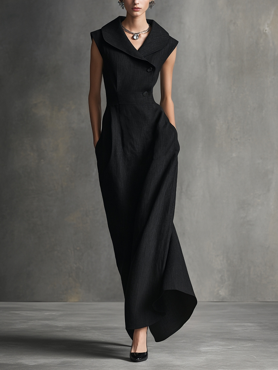 Women's Sophisticated Linen Blend Black Sleeveless Wide-Collar Double-Breasted Belted Asymmetric Maxi Dress