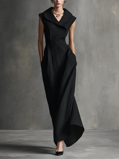 Women's Sophisticated Linen Blend Black Sleeveless Wide-Collar Double-Breasted Belted Asymmetric Maxi Dress