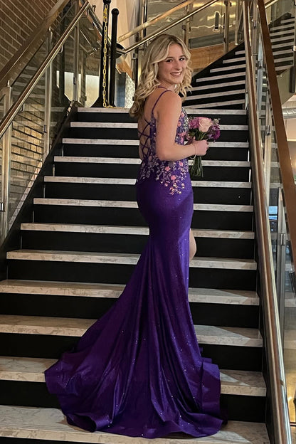 Gorgeous Mermaid V Neck Purple Satin Prom Gown with Appliques