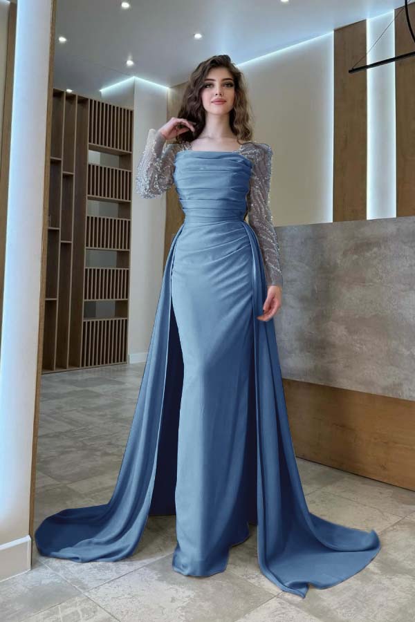 Long Sleeves Square Neck Long Mermaid Prom Dress With Pleated
