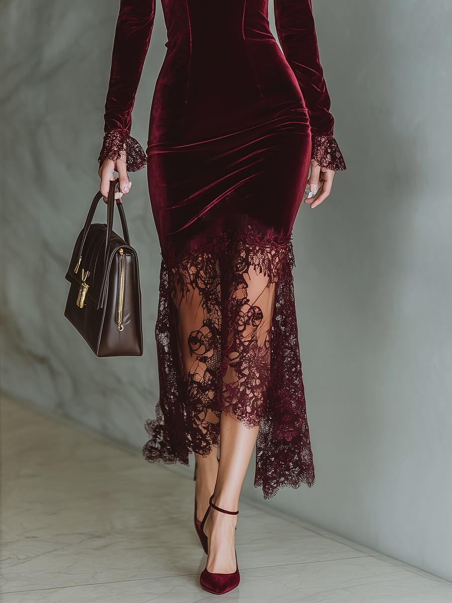 Women's Burgundy Velvet Lace Fitted Maxi Dress