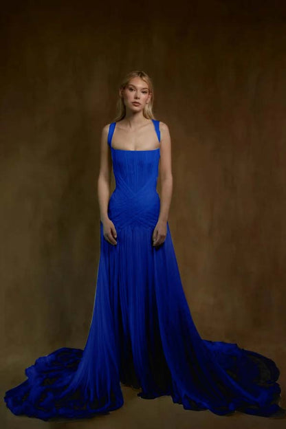 Simple ChiffonSquare Neck Sleeveless Long Prom Dress With Pleated And Train