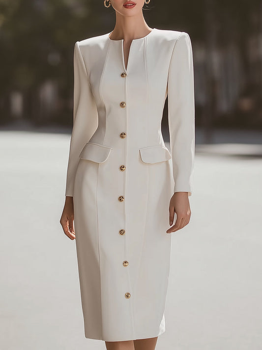 Elegant Sculpted Plain Button-Front Midi Dress